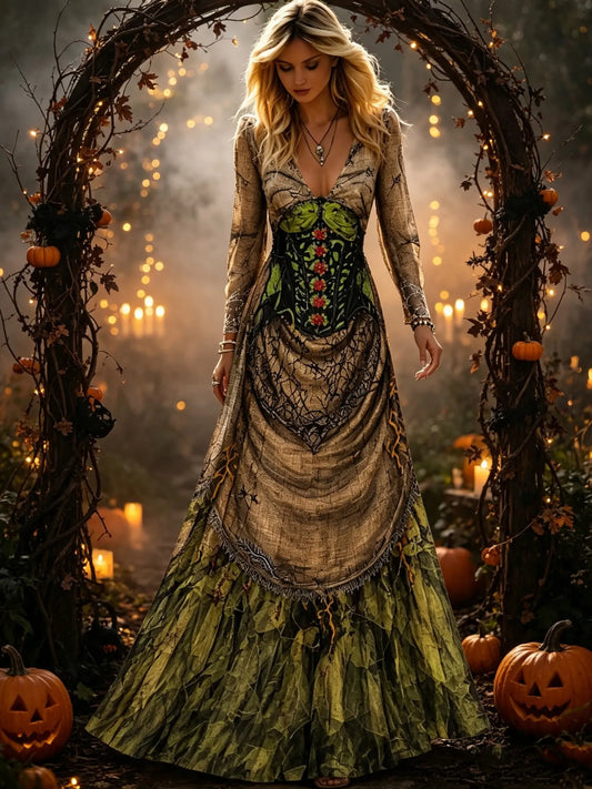 Women's Retro Halloween Floral V-neck Dress