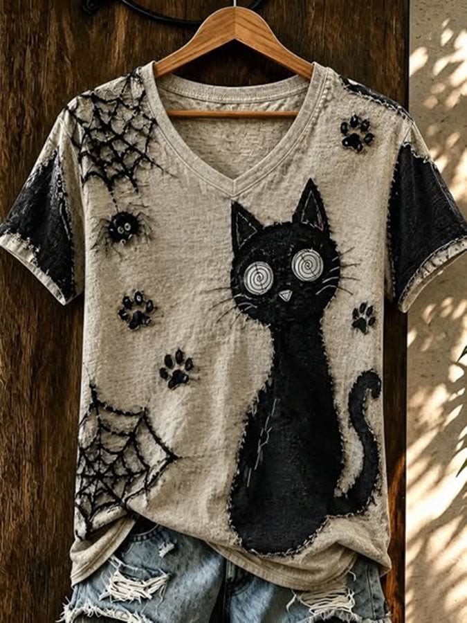 Women's Halloween Cat Print V Neck T-shirt