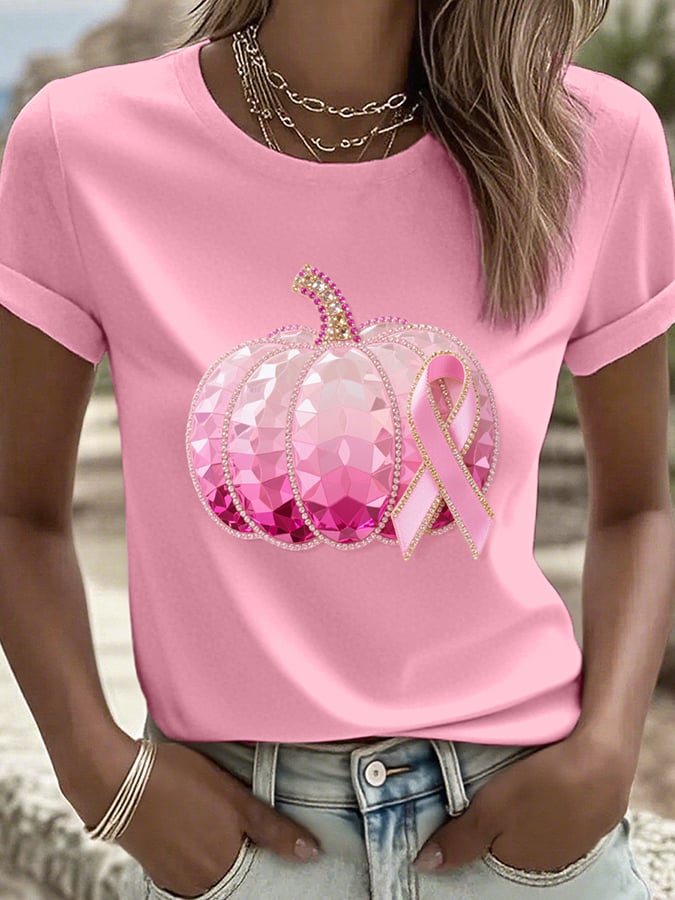 Women's Pink Pumpkin and Ribbon Rhinestone Art Print Round Neck T-Shirt