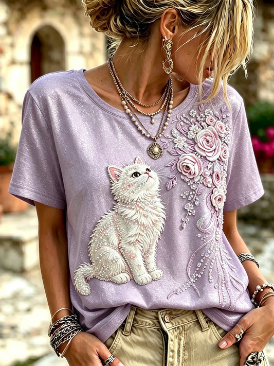 Women's Vintage Cute Cat And Floral Embroidery Art Round Neck Short Sleeve T-shirt