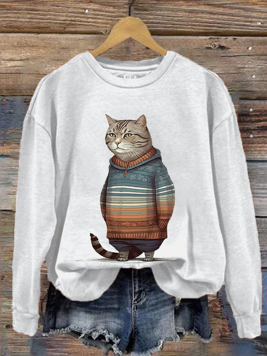 Women's Winter Cat Print Crew Neck Sweatshirt