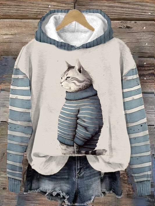 Women's Winter Funny Cute Wonderland Clothing Cat Printed Hooded Sweatshirt