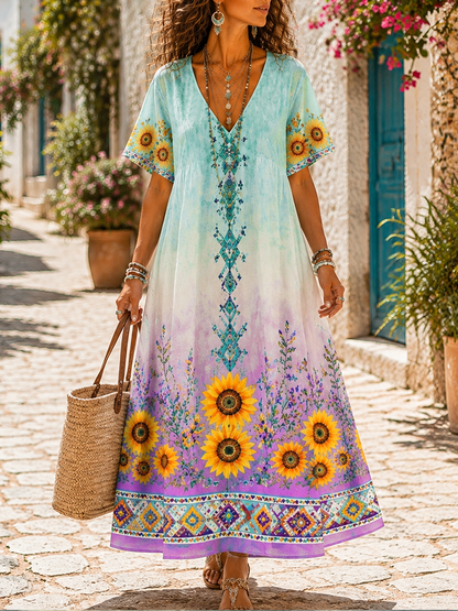 Women's Boho V-neck Maxi Dress With Gradient Tie-dye, Sunflowers, And Geometric Border Print