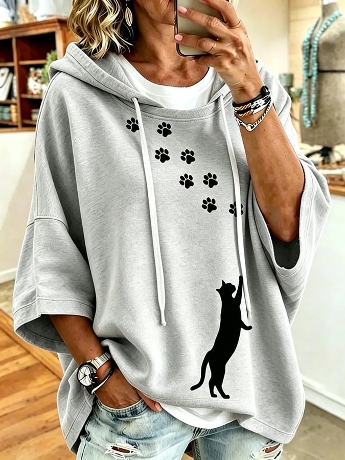Women's Cute Cat Print Hooded Sweatshirt