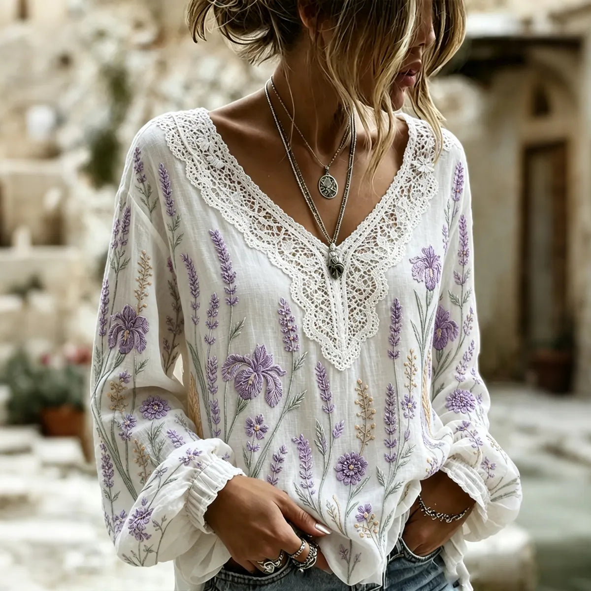 Women's Retro Floral Art Flowy Long Sleeve Linen T-shirt