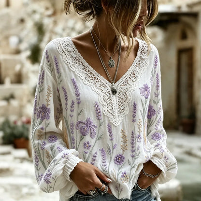 Women's Retro Floral Art Flowy Long Sleeve Linen T-shirt