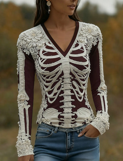 Women's Halloween Skeleton Bones With Roses Art Casual Long Sleeve V Neck T-shirt
