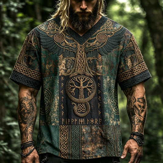 Men's Distressed Vintage Moss Green Viking Tree Of Life 3d Embroidery V Neck T-shirt, Norse Rune Celtic Knot Snake Patchwork Short Sleeve Casual Forest Tee