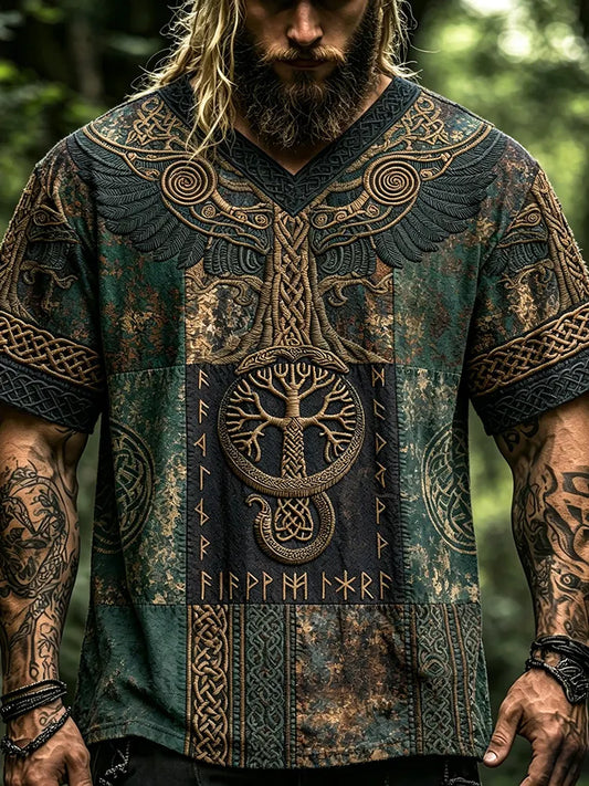 Men's Distressed Vintage Moss Green Viking Tree Of Life 3d Embroidery V Neck T-shirt, Norse Rune Celtic Knot Snake Patchwork Short Sleeve Casual Forest Tee