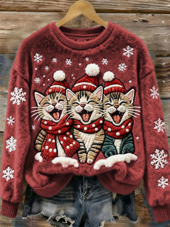 Women's Casual Christmas Cute Cat Print Long Sleeve Sweatshirt