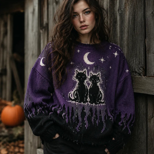 Women's Boho Celestial Moon And Star Pattern Oversized Sweater With Fringe Hem