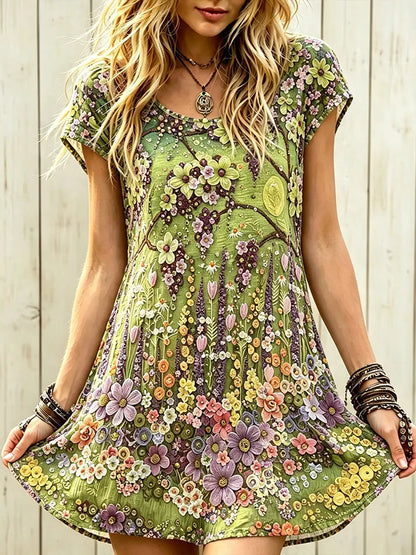 Vintage Floral Art Blend Cotton And Linen Crew Neck Short Sleeve Casual Dress