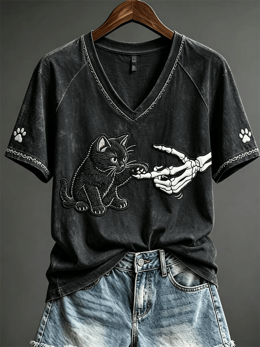 )Women's Casual Black Cat Print Halloween Top