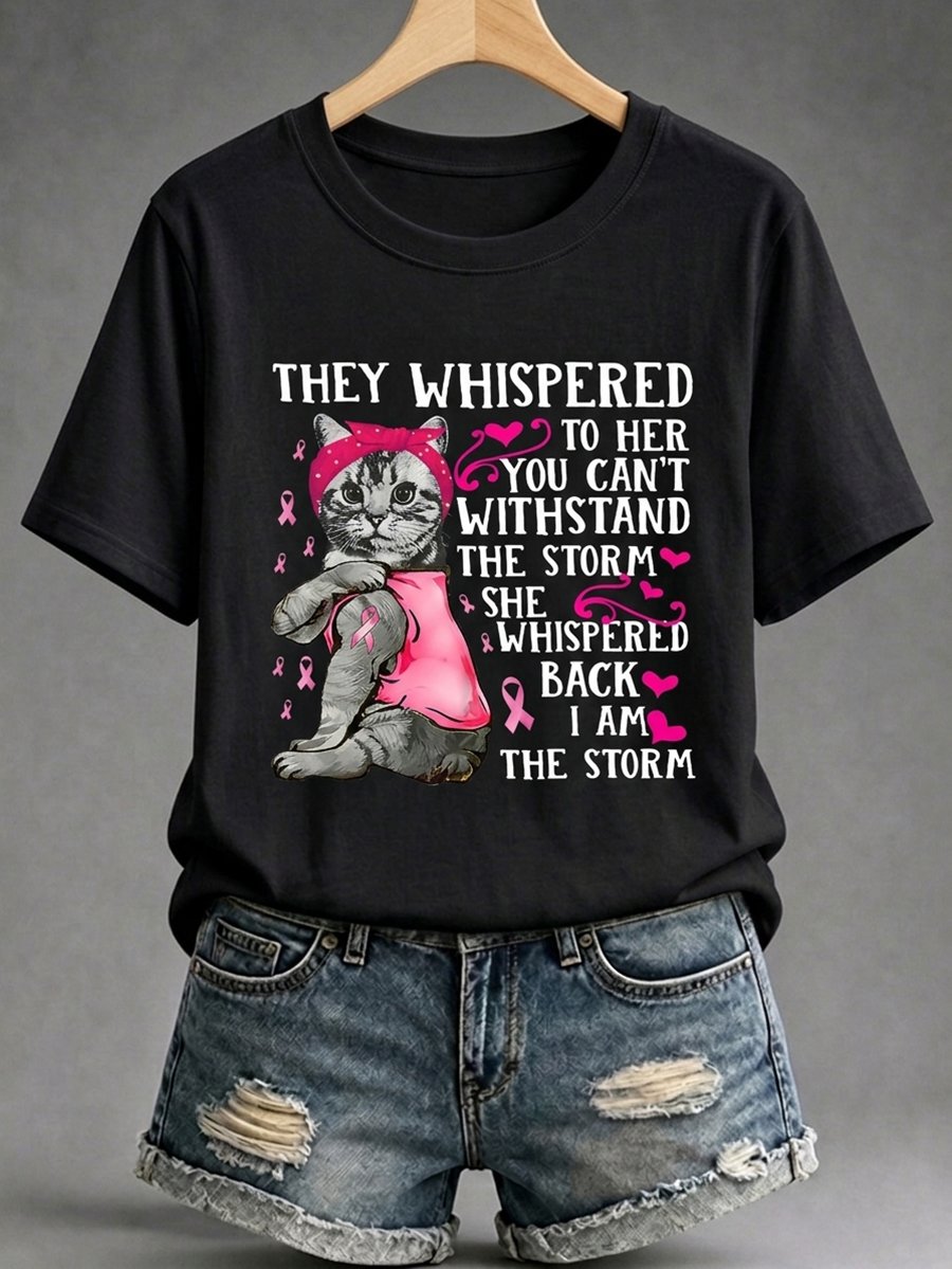 Women's Breast Cancer Awareness Cat Art Short-Sleeve T-Shirt