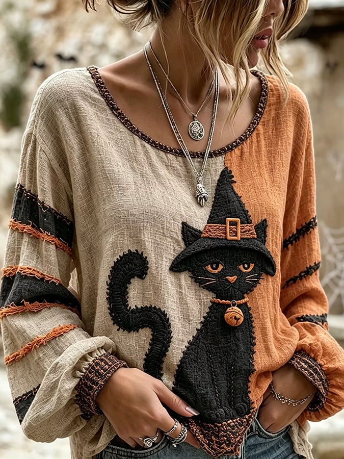 Women's Vintage Halloween Artistic Cat Print Long-Sleeve Top