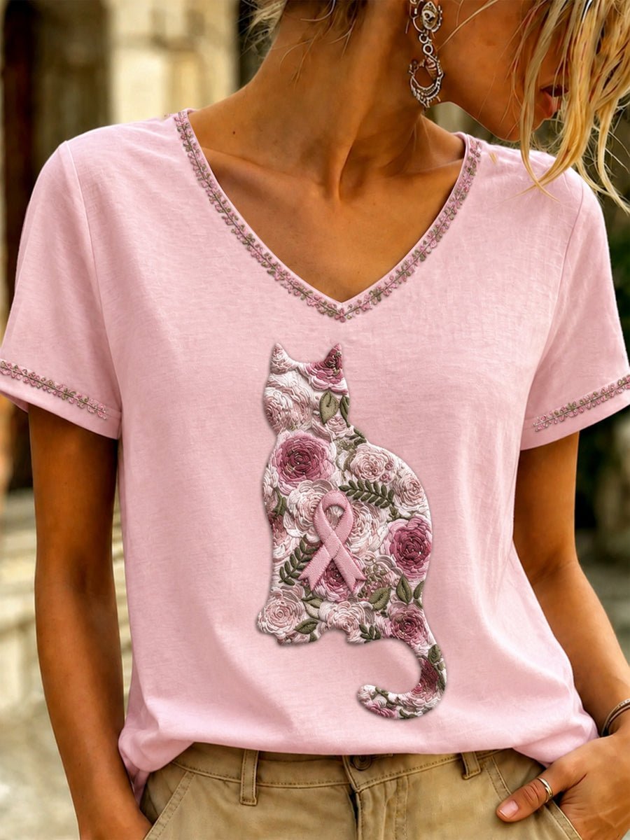 Women's Cat Breast Cancer Awareness Short-Sleeved T-Shirt