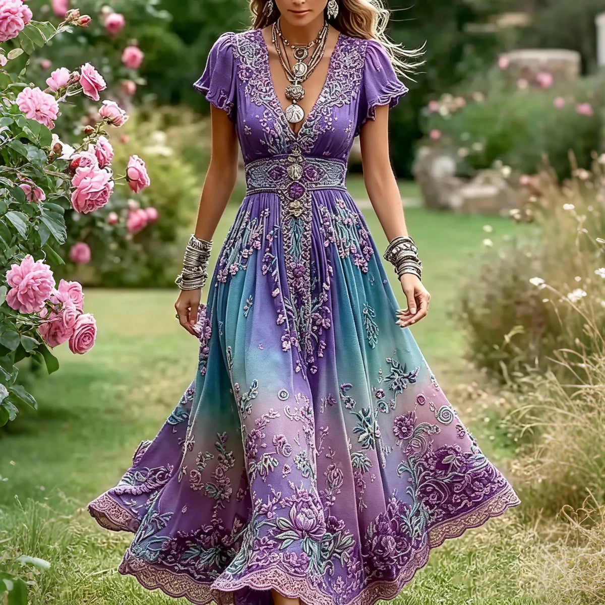 Women's Retro Rose Floral Art V Neck Gradient Short Sleeve Maxi Dress