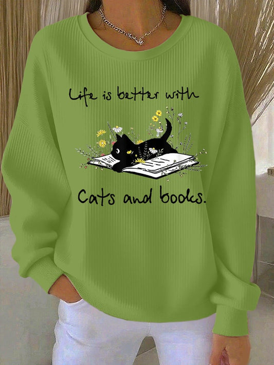 Women's "Life Is Better With Cats And Books." Printed Knit Crew Neck Long Sleeve Top