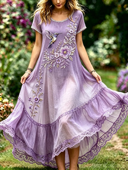 Women's Purple Floral & Hummingbird Print Alzheimer's Awareness Casual Round Neck Dress