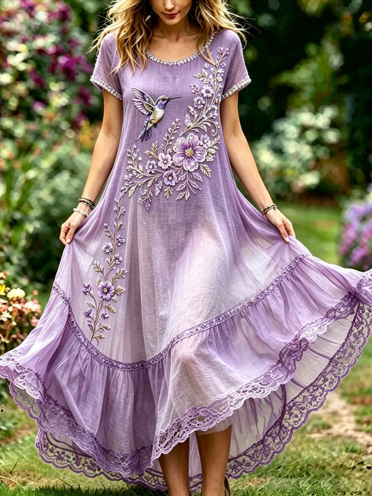 Women's Purple Floral & Hummingbird Print Alzheimer's Awareness Casual Round Neck Dress