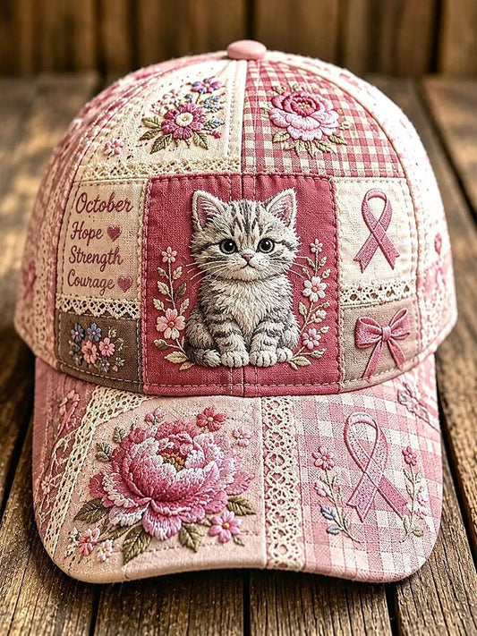 Breast Cancer Awareness Pink Ribbon Cat & Floral Patchwork Baseball Cap