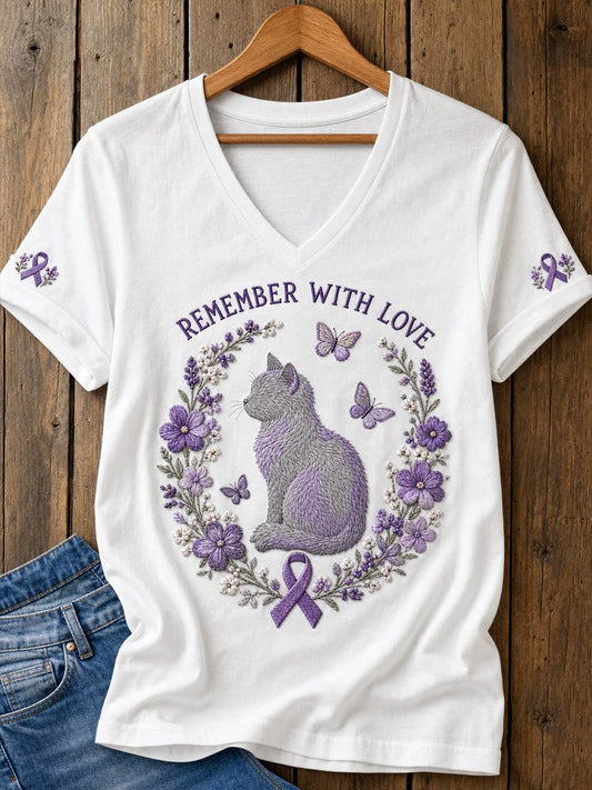 Women's Alzheimer's Awareness Floral Cat Print V-Neck T-Shirt