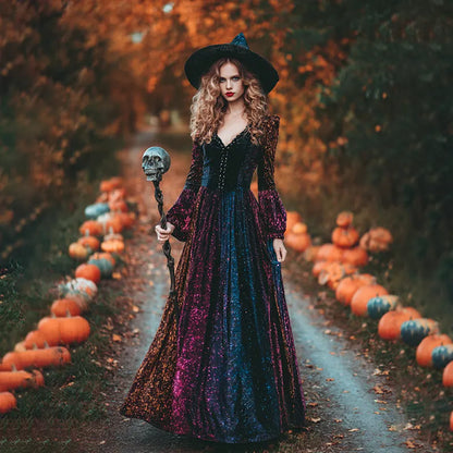 Women's  Vintage Halloween Gradient Rainbow Gliter Art Comfy Velvet Maxi Dress