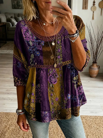 Women's Retro Purple Floral Patchwork Pattern Casual Shirt