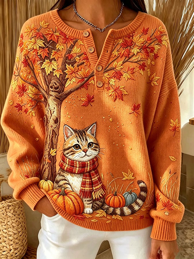 Women's Casual Print Button-Up Collar Knit Top