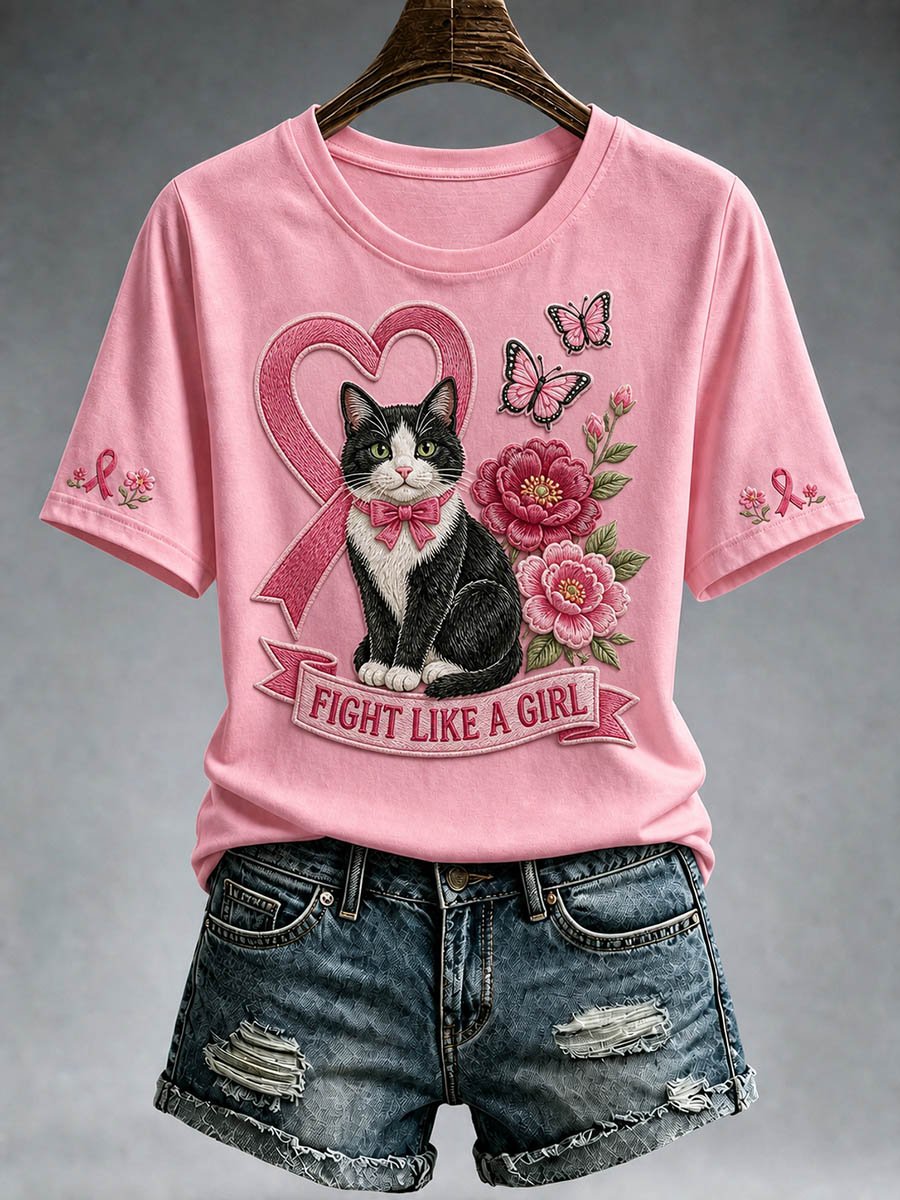 Women's Cow Cat Butterfly Flower Breast Cancer Ribbon T-shirt