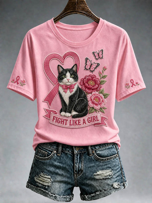 Women's Cow Cat Butterfly Flower Breast Cancer Ribbon T-shirt