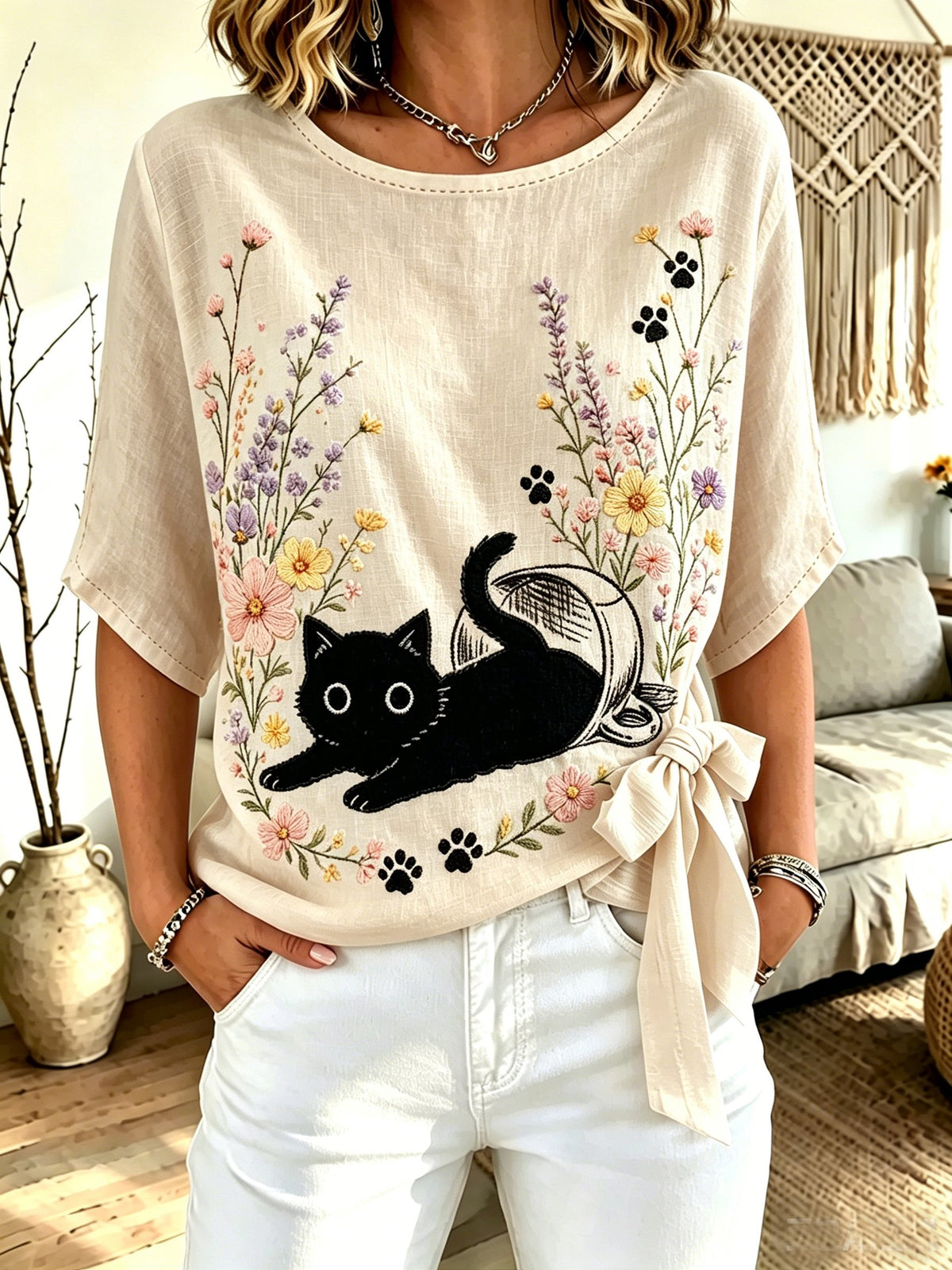 Women's Cat-Print Crew-Neck Tie-Front Top