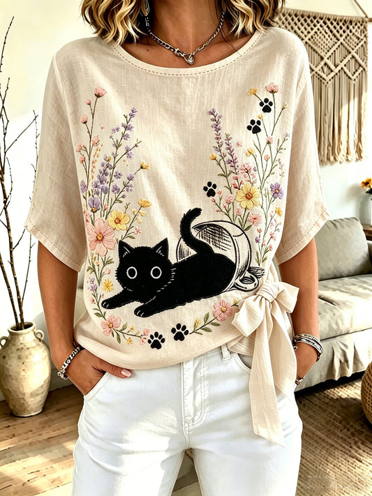 Women's Cat-Print Crew-Neck Tie-Front Top
