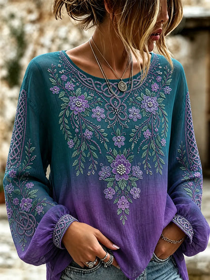 Women's Retro Floral Gradient Cotton Linen V-neck Long-sleeve Cotton Linen T-shirt
