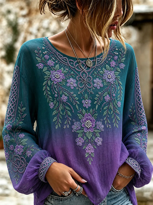 Women's Retro Floral Gradient Cotton Linen V-neck Long-sleeve Cotton Linen T-shirt