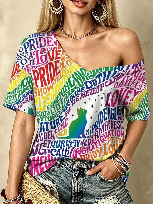 Women's Rainbow Cat Print V-Neck T-shirt