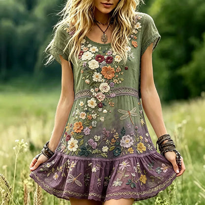 Women's Colorful Floral And Dragonfly Lace Art Gradient Cotton Linen Playful Short-sleeved Dress