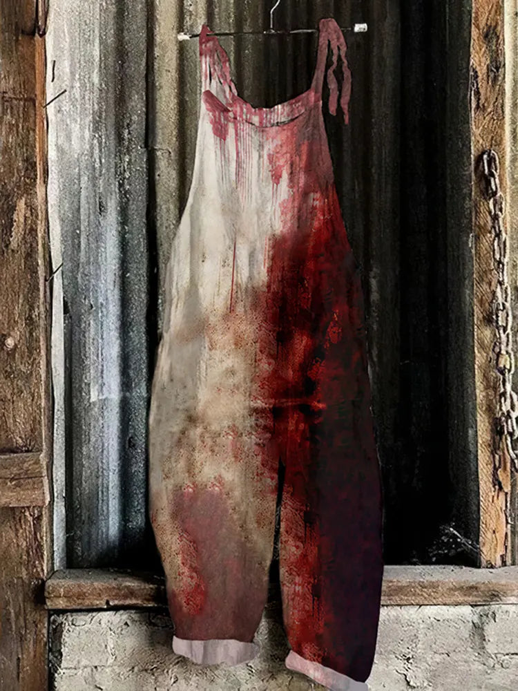 Vintage Bloody Halloween Print Casual Art Linen Loose Casual Jumpsuit