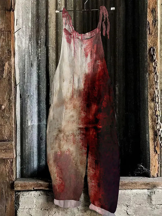 Vintage Bloody Halloween Print Casual Art Linen Loose Casual Jumpsuit