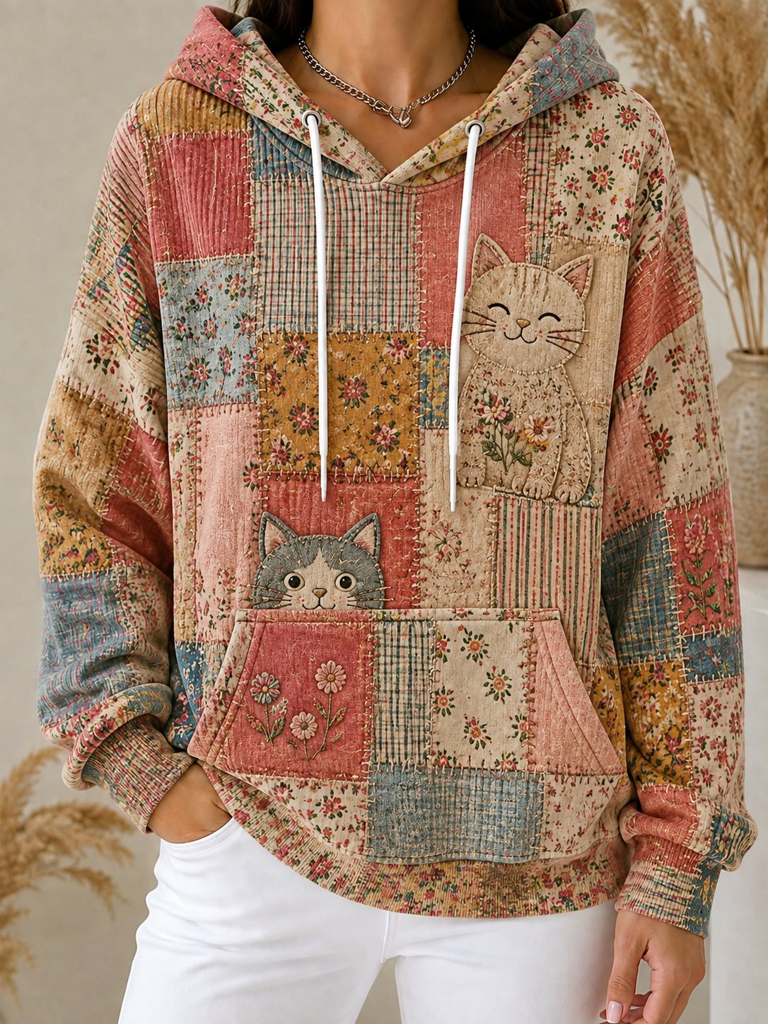 Women's Vintage Farm Cat Print Hoodie