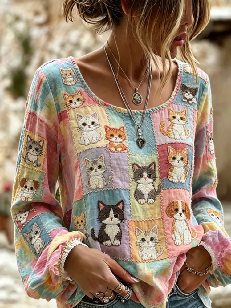 Women's Retro Floral Print Long-Sleeved Top