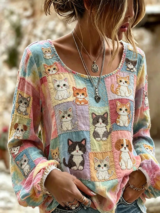 Women's Retro Floral Print Long-Sleeved Top