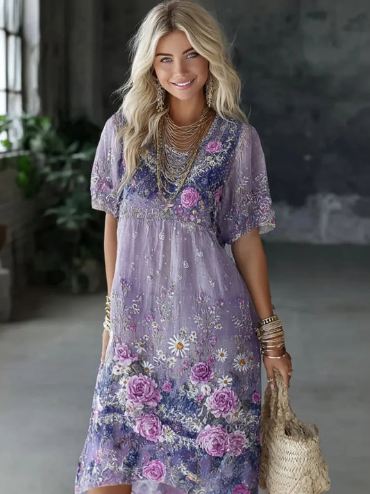 Women's Vintage Floral Art Print Linen Blend Round Neck Short Sleeve Dress