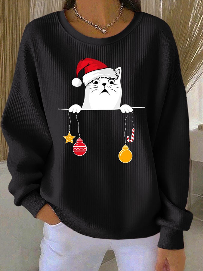 Women's Cat Print Knit Crew Neck Long Sleeve Top