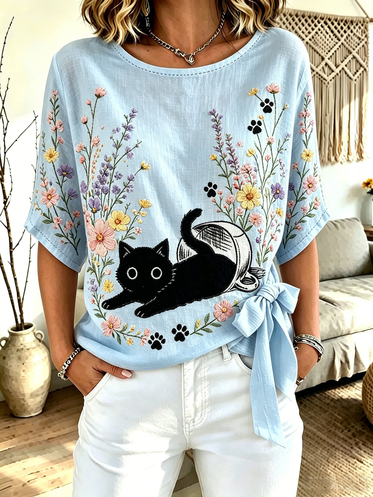 Women's Cat-Print Crew-Neck Tie-Front Top