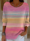 Women's Casual Loose Pink Art Striped Knitted Round Neck Top