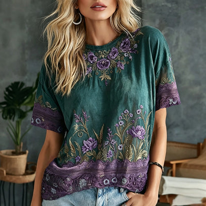 Women's Retro Floral Art Embroidery Cotton Linen Casual T-shirt