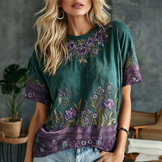 Women's Retro Floral Art Embroidery Cotton Linen Casual T-shirt