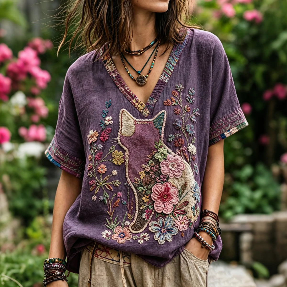 Women's Vintage Floral With Cat Art Embroidery Linen Blend V-neck Short-sleeve T-shirt
