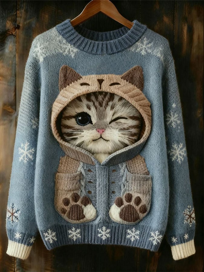 Women's Cat Print Crew Neck Sweater